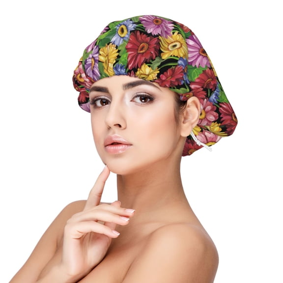 Rateoe Daisies Flowers Pattern Silk Satin Hair Bonnet for Sleeping, Adjustable Sleep Cap Turban for Women , Curly Straight Hair Long Large Braid