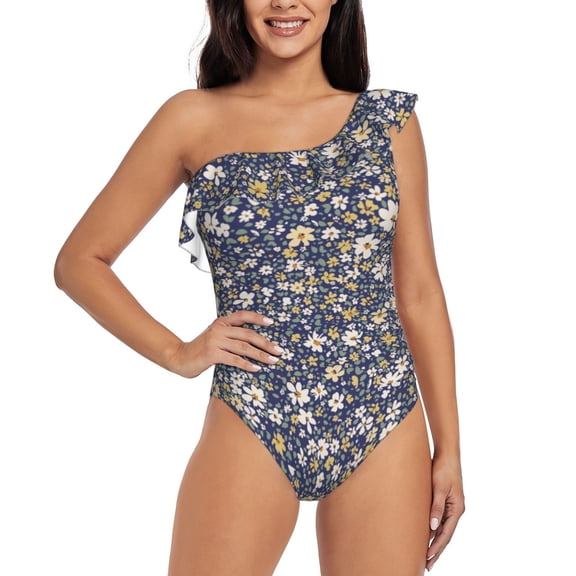 Rateoe Daisies Flowers Pattern Women One Piece Swimsuits Tummy Control One Shoulder Bathing Suits Ruffle Swimwear-XX-Large