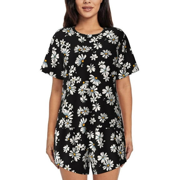 Rateoe Daisies Flowers Pattern Women's Short-Sleeved Pajama Set - 2 Piece Soft and Lightweight Sleepwear Set-Small