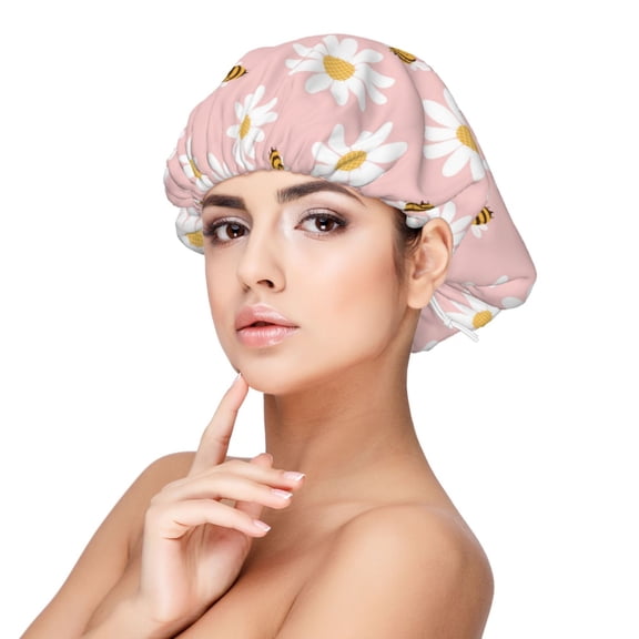 Rateoe Daisy And Bee Pattern Silk Satin Hair Bonnet for Sleeping, Adjustable Sleep Cap Turban for Women , Curly Straight Hair Long Large Braid