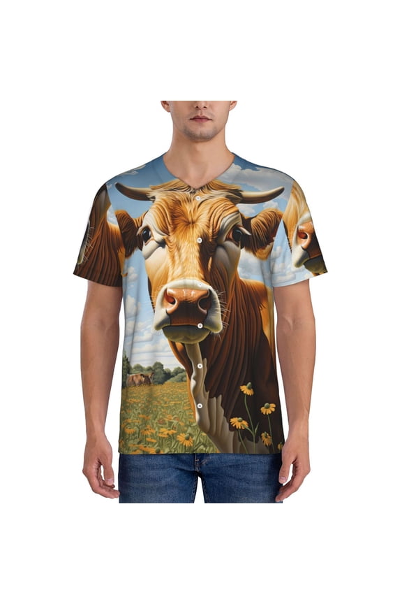 Daisy Flower Field Cow Pattern Men’s Baseball Short Sleeve Polo Shirt, Midweight Men's Shirt Golf Shirt Polo Shirts Quick Dry Short-Large