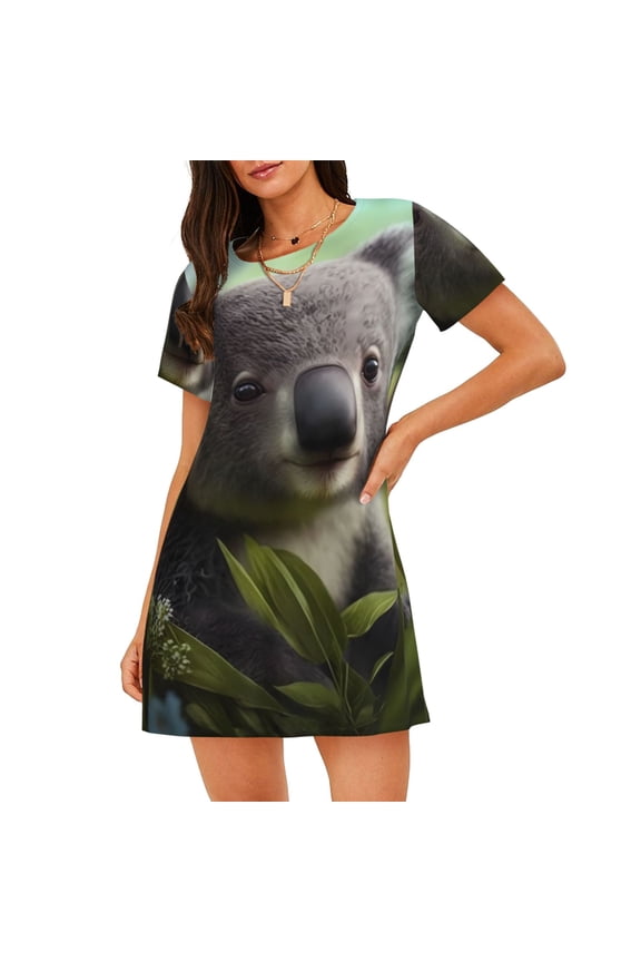 Daisy Koala Print Women’s Nightdress – Cozy Cotton Short-sleeved Sleep Shirt, Loose-Fit Sleepwear, Perfect for Relaxing and Sleeping