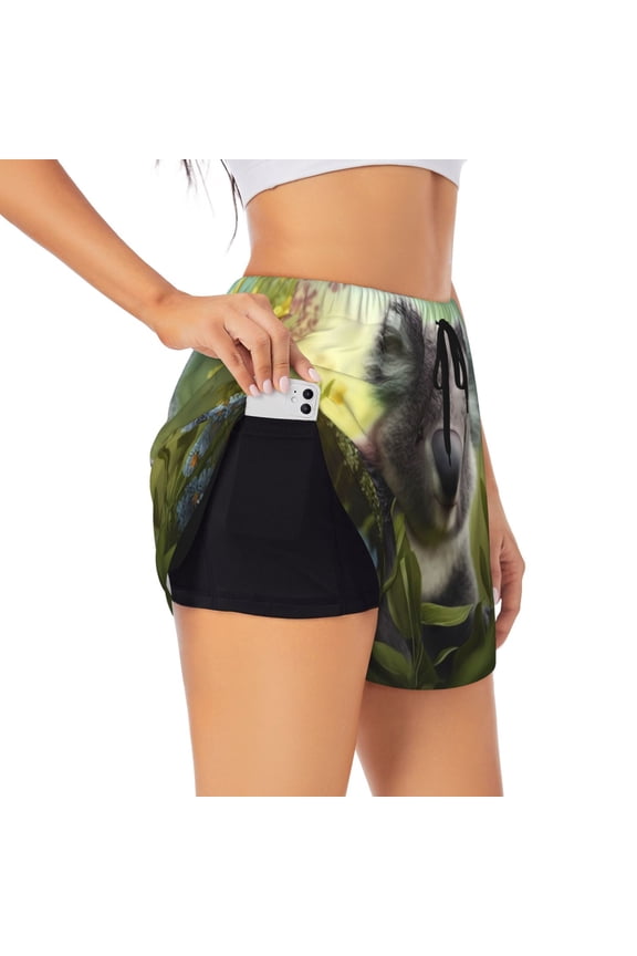 Daisy Koala Printed 2 in 1 Women's Workout Shorts for Athletic Gym Running Shorts with Phone Pockets-X-Large