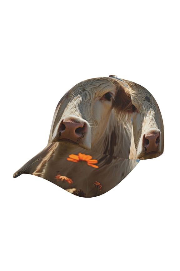 Daisy Meadow Cow Pattern Baseball Cap Outdoor Cap Mountain Dad Hat - Unstructured Soft Cotton Cap-Adjustable UV Protection Cap
