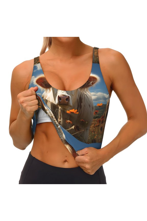 Daisy Meadow Cow Print Womens' Sports Bras Scoop Neck Sports Vest- Padded U Back Seamless High Impact Support