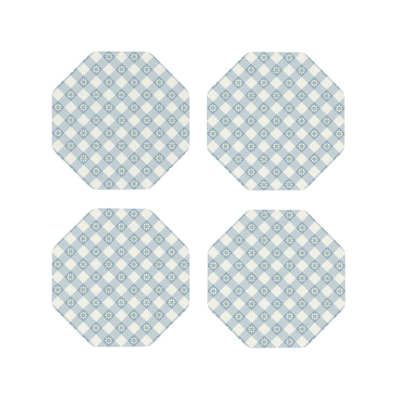 Rateoe Daisy Plaid Blue Drawing Drink Coasters Set of 4 Leather Coasters Spill Protection for Table Desk,Durable and Non Slip Leather Coaster ,4 Inches Drink Mats-Octagon