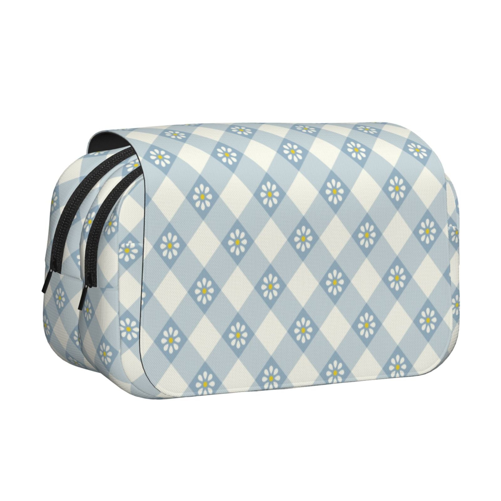 Rateoe Daisy Plaid Blue Pattern Double Clamshell Pen Case, Storage Organizer with Two Zipper Compartments– Holds Up to 50 Pencils & Pens