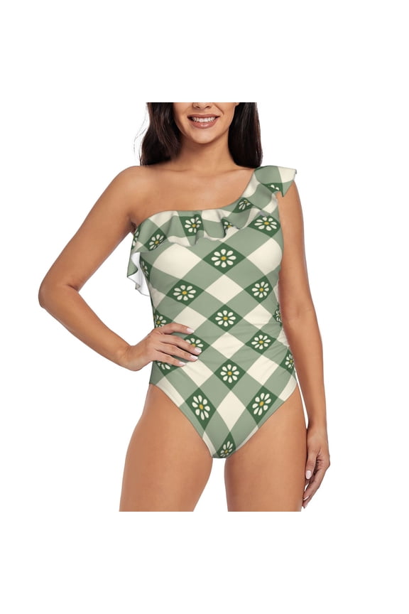 Daisy Plaid Green Pattern Women One Piece Swimsuits Tummy Control One Shoulder Bathing Suits Ruffle Swimwear-