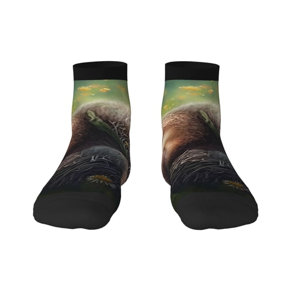 Rateoe Daisy Sleeping Sloth Pattern Quarter Crew Socks,Toe Seamed Ankle Socks,Cotton Cushioned Breathable Athletic Crew Sports Socks
