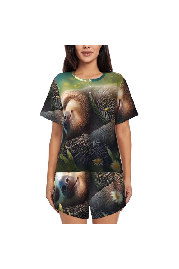 Daisy Sleeping Sloth Pattern Women's Short-Sleeved Pajama Set - 2 Piece Soft and Lightweight Sleepwear Set-4X-Large