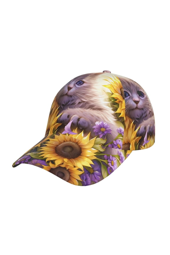 Daisy Sunflower Lazy Cat Pattern Baseball Cap Outdoor Cap Mountain Dad Hat - Unstructured Soft Cotton Cap-Adjustable UV Protection Cap