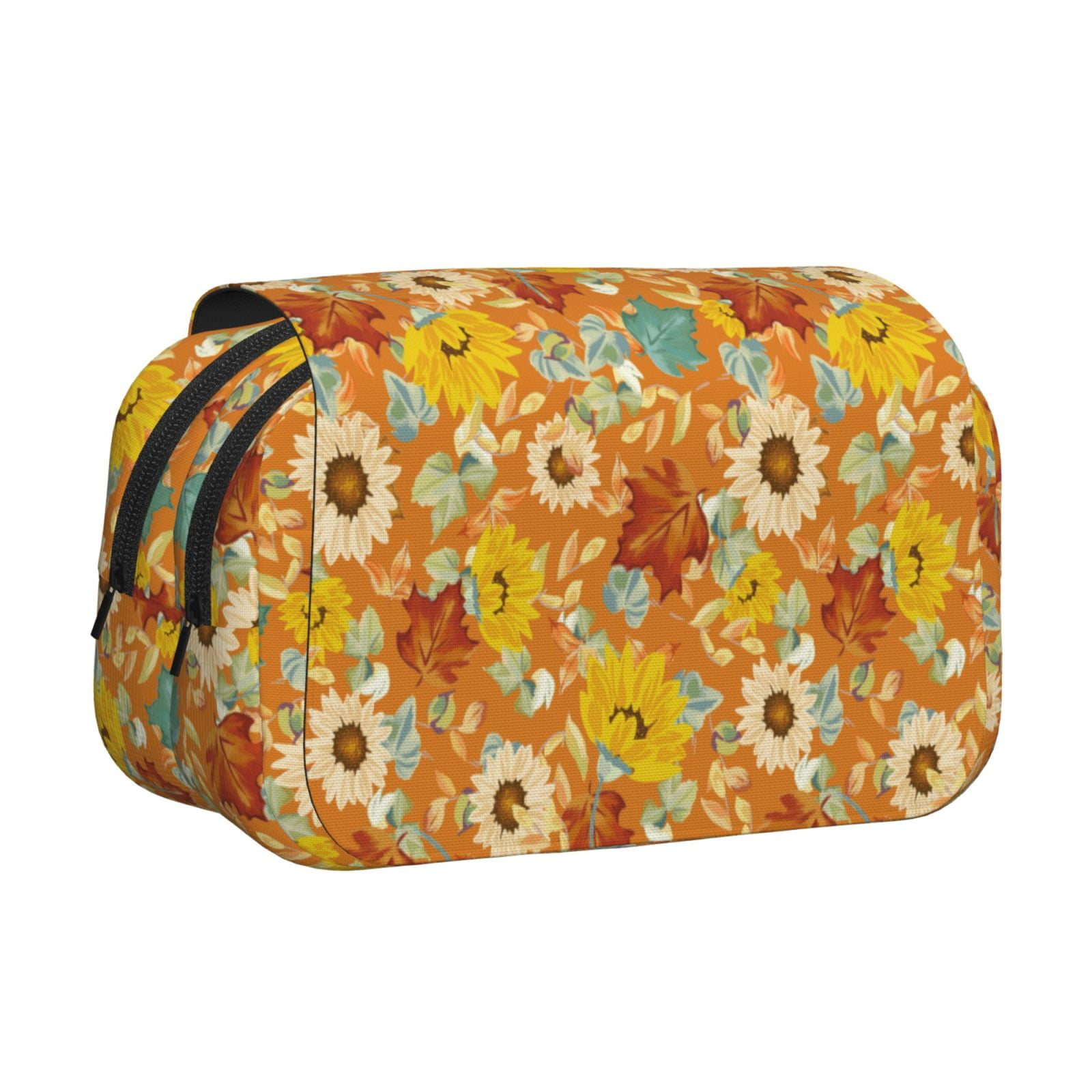 Rateoe Daisy maple fall Pattern Double Clamshell Pen Case, Storage Organizer with Two Zipper Compartments– Holds Up to 50 Pencils & Pens