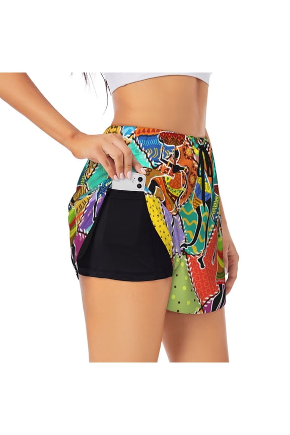 Dancing African Womans Printed 2 in 1 Women's Workout Shorts for Athletic Gym Running Shorts with Phone Pockets-