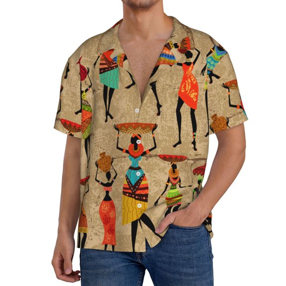 Rateoe Dancing African Women Pattern Men's Short Sleeve Classic Shirt, Casual Short-Sleeved Shirt, Lightweight Summer Shirt, Cuban Collar Shirt,Button-Front Shirt-Large