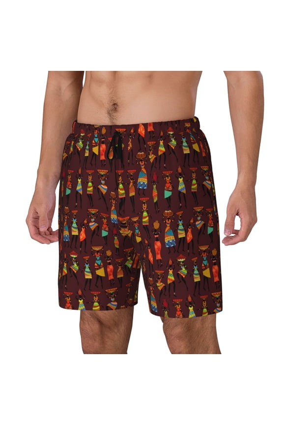 Dancing African Women1 Pattern Men’s Swim Shorts with Compression Liner – Double-Layered Quick-Dry Swimwear, Comfortable & Stretchy Beach Shorts-Large