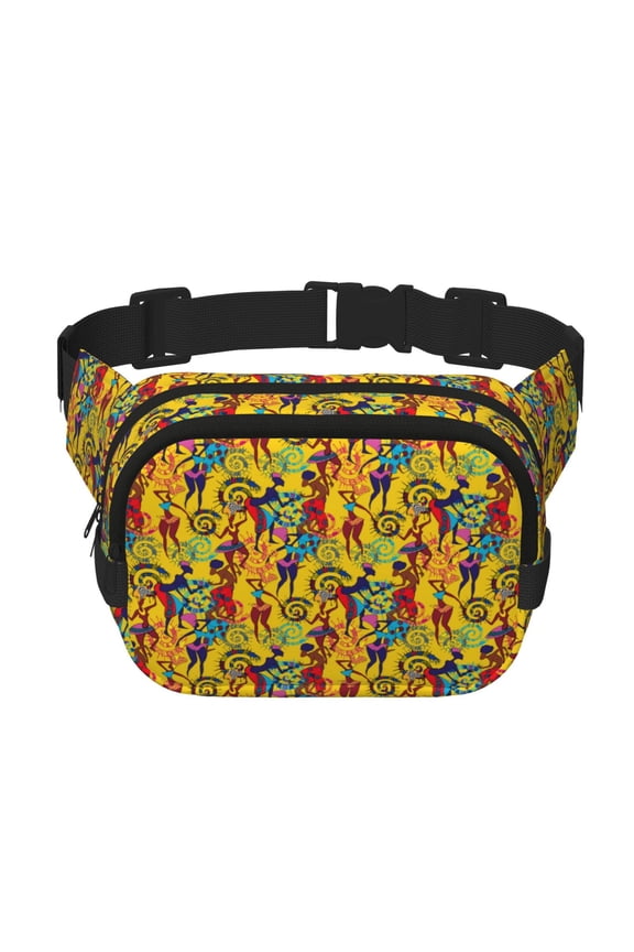 Dancing African Womens Print Fanny Pack Belt Bag for Women and Men, Square Double-Layer Waterproof Waist Pack with Adjustable Strap for Hiking, Jogging, Cycling