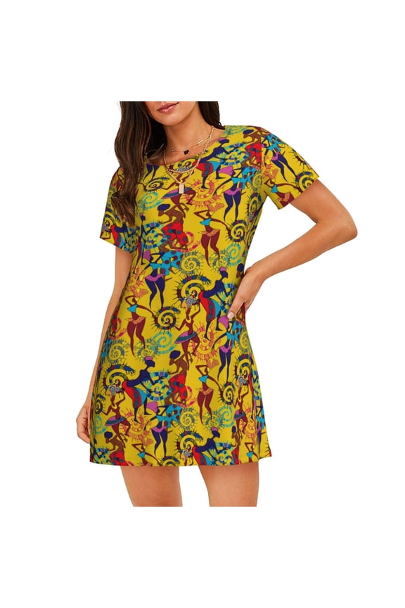 Dancing African Womens Print Women’s Nightdress – Cozy Cotton Short-sleeved Sleep Shirt, Loose-Fit Sleepwear, Perfect for Relaxing and Sleeping
