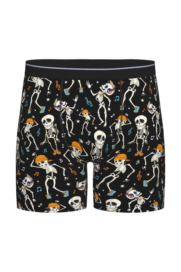 Dancing Skeleton Party Print Men’s Underwear Boxer Briefs Soft Comfortable Underwear Boxer Briefs, Long Leg Briefs,Anti-chafing Boxer Briefs