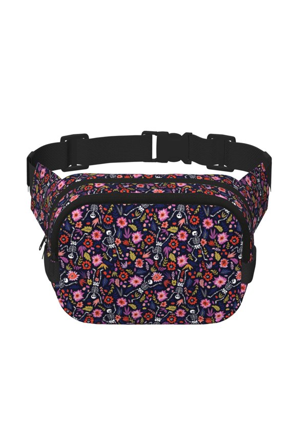 Dancing Skeletons Floral Garden Print Fanny Pack Belt Bag for Women and Men, Square Double-Layer Waterproof Waist Pack with Adjustable Strap for Hiking, Jogging, Cycling