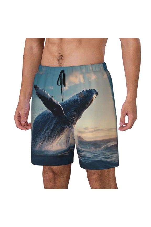 Dancing Whale Pattern Men’s Swim Shorts with Compression Liner – Double-Layered Quick-Dry Swimwear, Comfortable & Stretchy Beach Shorts-X-Large