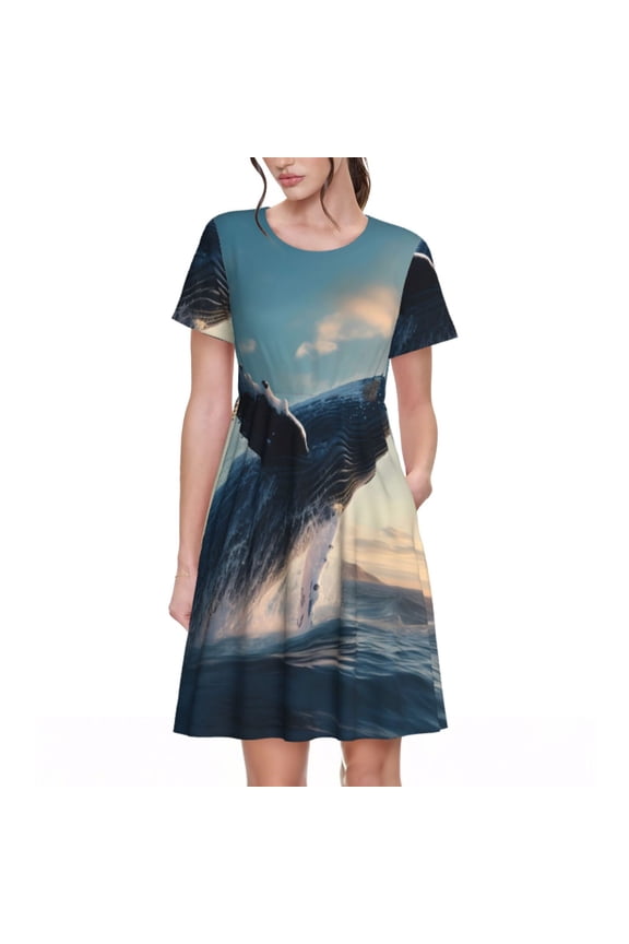 Dancing Whale Pattern Women’s Short Sleeve Dress – Casual Elegant Summer A-Line Dress for Everyday Wear