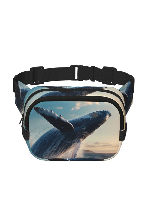 Dancing Whale Print Fanny Pack Belt Bag for Women and Men, Square Double-Layer Waterproof Waist Pack with Adjustable Strap for Hiking, Jogging, Cycling