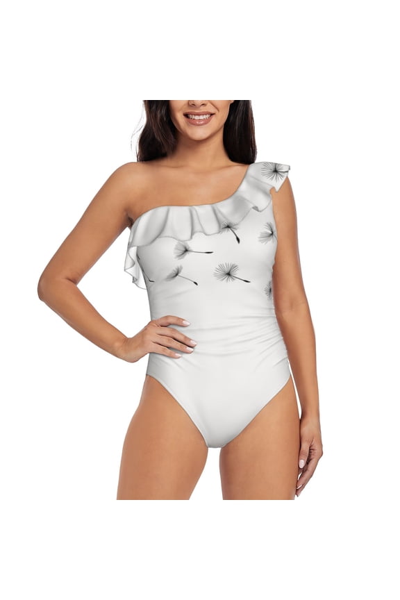 Dandelion Blowing In The Wind Pattern Women One Piece Swimsuits Tummy Control One Shoulder Bathing Suits Ruffle Swimwear-