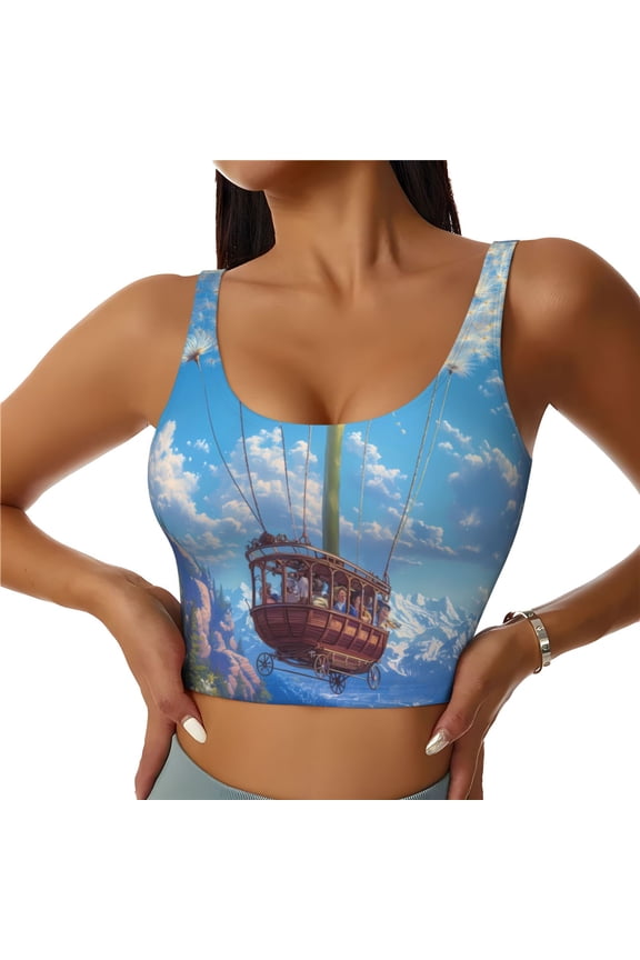 Dandelion Hot Air Balloon Print Womens' Sports Bras Scoop Neck Sports Vest- Padded U Back Seamless High Impact Support-Small