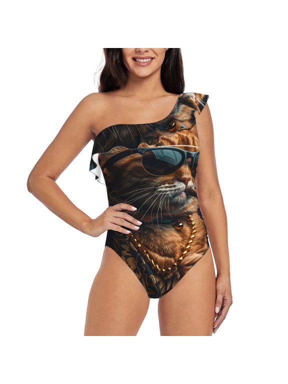 Dapper Cat in Sunglasses Pattern Women One Piece Swimsuits Tummy Control One Shoulder Bathing Suits Ruffle Swimwear-Small
