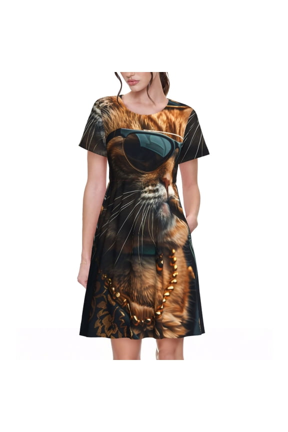 Dapper Cat in Sunglasses Pattern Women’s Short Sleeve Dress – Casual Elegant Summer A-Line Dress for Everyday Wear
