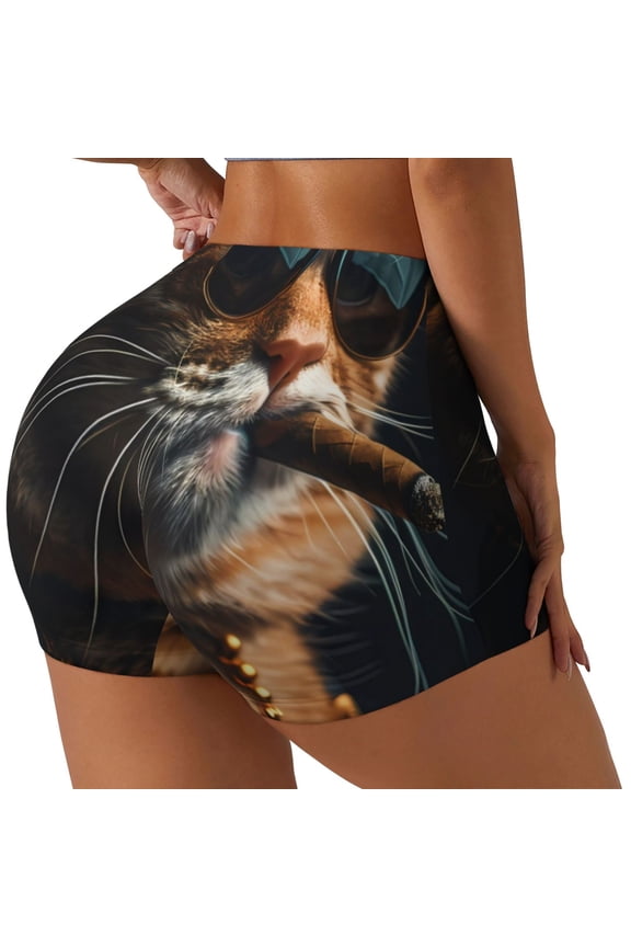 Dapper Cat in Sunglasses Printed Power Workout Shorts for Women Tummy Control Squat Proof Ribbed Thick Seamless Scrunch Active Short-Large