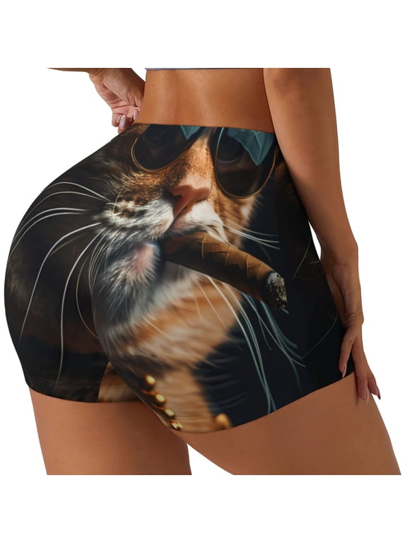 Dapper Cat in Sunglasses Printed Power Workout Shorts for Women Tummy Control Squat Proof Ribbed Thick Seamless Scrunch Active Short-Large