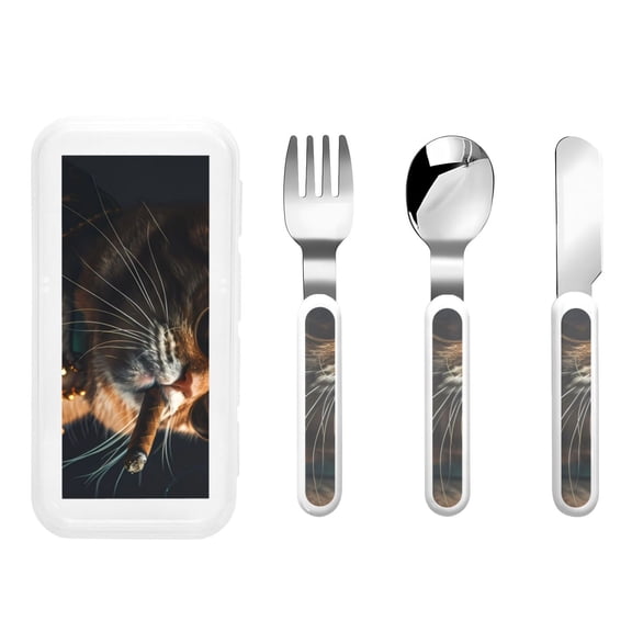 Rateoe Dapper Cat in Sunglasses for Stainless Steel Kids Silverware Set - Child and Toddler Safe Flatware - Children's Knife, Fork And Spoon Set