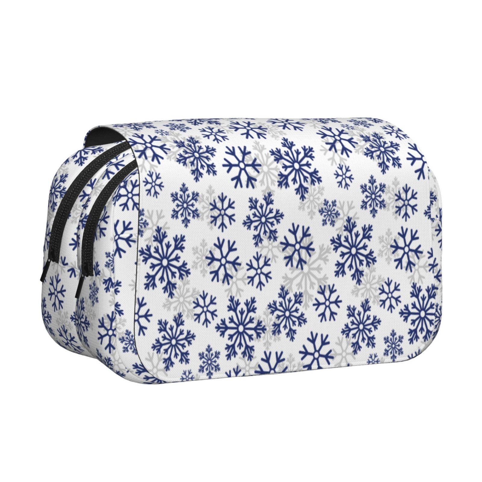 Rateoe Dark Blue Snowflakes Pattern Double Clamshell Pen Case, Storage Organizer with Two Zipper Compartments– Holds Up to 50 Pencils & Pens
