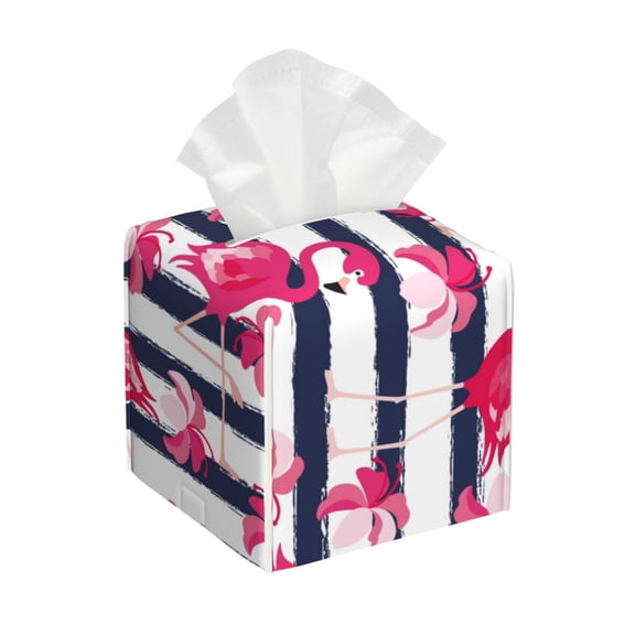Rateoe Dark Blue Stripes and Flamingos Pattern Tissue Box Cover, Modern Square Decorative Leather Facial Paper Case Organizer Holder Dispenser 5X5X5''