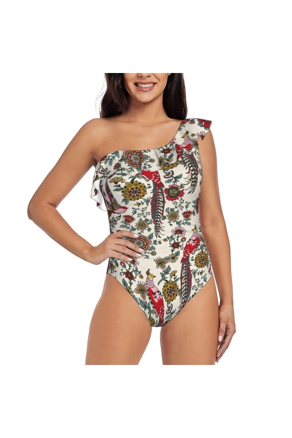 Dark Enchanted Flowers And Birds Pattern Women One Piece Swimsuits Tummy Control One Shoulder Bathing Suits Ruffle Swimwear-Large