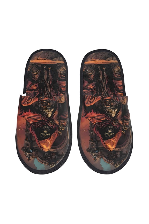 Dark Skull King Throne Pattern Fuzzy Slippers Fuzzy Soft House Slippers Plush Furry Warm Cozy Open Toe Fluffy Home Shoes-Large