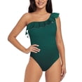 thumbnail image 1 of Rateoe Dark teal green Pattern Women One Piece Swimsuits Tummy Control One Shoulder Bathing Suits Ruffle Swimwear-Large, 1 of 6
