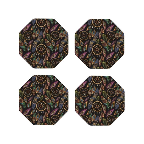 Rateoe Decorative Feathers Drawing Drink Coasters Set of 4 Leather Coasters Spill Protection for Table Desk,Durable and Non Slip Leather Coaster ,4 Inches Drink Mats-Octagon
