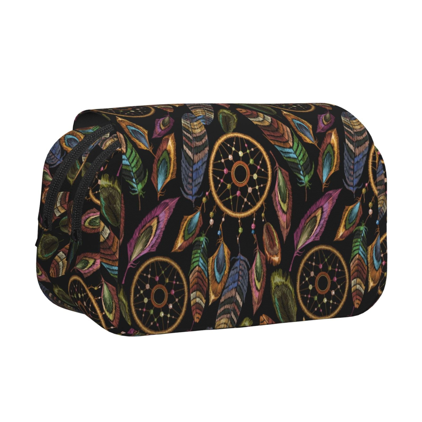 Rateoe Decorative Feathers Pattern Double Clamshell Pen Case, Storage Organizer with Two Zipper Compartments– Holds Up to 50 Pencils & Pens
