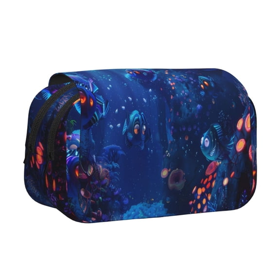 Rateoe Deep Sea Glowing Fishes Pattern Double Clamshell Pen Case, Storage Organizer with Two Zipper Compartments Holds Up to 50 Pencils & Pens
