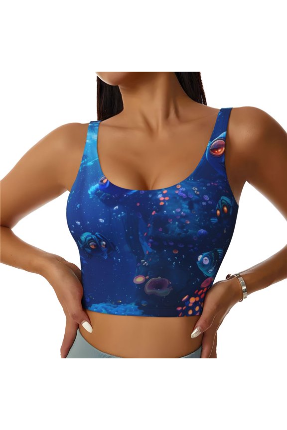 Deep Sea Glowing Fishes Print Womens' Sports Bras Scoop Neck Sports Vest- Padded U Back Seamless High Impact Support-
