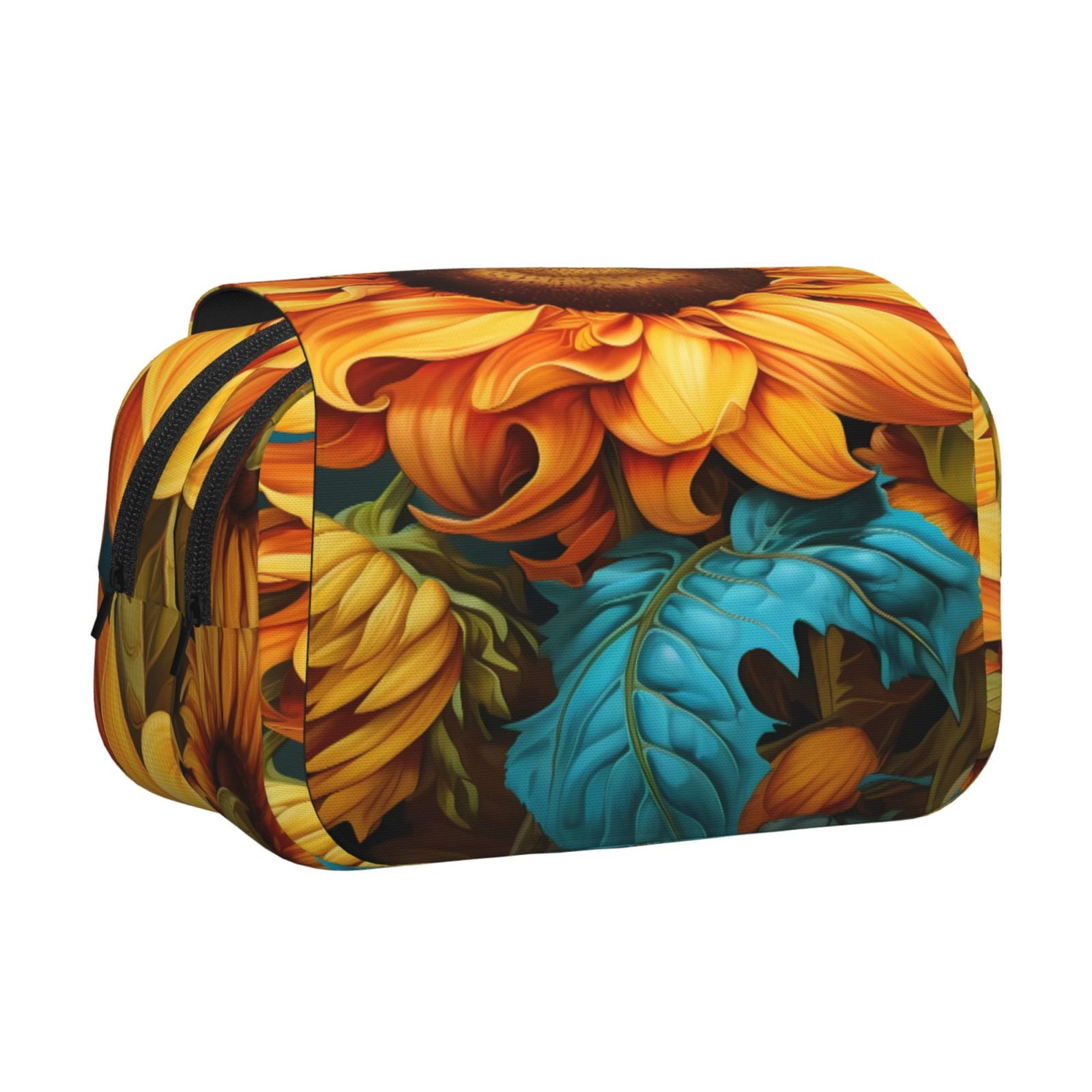 Rateoe Deep Yellow Colorful Sunflower Pattern Double Clamshell Pen Case, Storage Organizer with Two Zipper Compartments– Holds Up to 50 Pencils & Pens