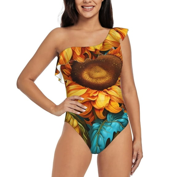 Rateoe Deep Yellow Colorful Sunflower Pattern Women One Piece Swimsuits Tummy Control One Shoulder Bathing Suits Ruffle Swimwear-Large