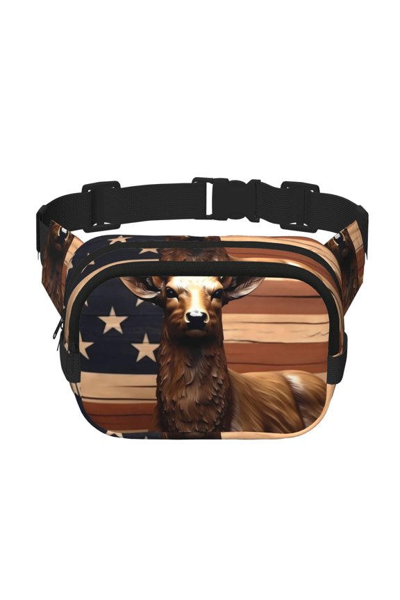 Deer American Flag Vintage Print Fanny Pack Belt Bag for Women and Men, Square Double-Layer Waterproof Waist Pack with Adjustable Strap for Hiking, Jogging, Cycling