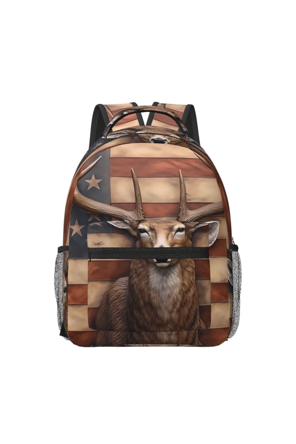 Deer American Flag Wall Pattern Durable Student Backpack Laptop Bag- Ergonomic Design, Waterproof Twill Fabric - Ideal for School, Travel, and Outdoor Activities-One Size