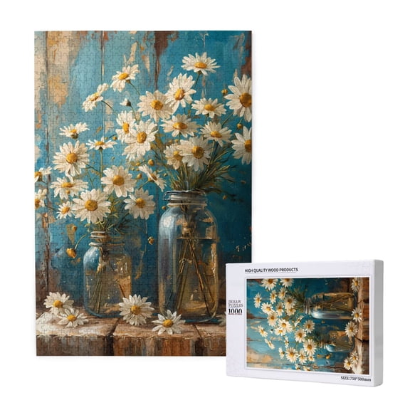 Rateoe Delicate White Daisy Jars Pattern Wooden Picture Puzzle ,1000 Piece Jigsaw Puzzle ,Family Fun Puzzle, Home Dcor Puzzle, Gift Puzzle(Vertical style)