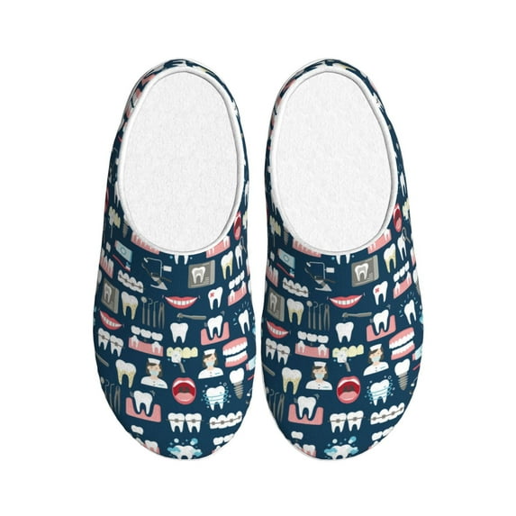Rateoe Dental Seamless Print Women's Men's Cotton Knit Slippers Lightweight Memory Foam Indoor House Shoes with Anti-Skid Sole-35/36