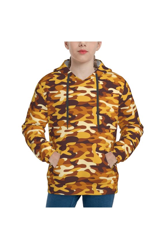 Desert Camouflage Pattern Boys Hoodie, Youth Pullover Hooded Sweatshirt, Kangaroo Pocket Hoodie for Kids-X-Large