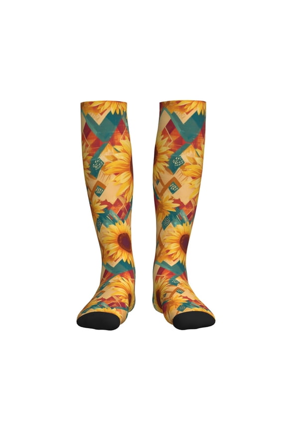 Diamond Bohemian Sunflower Compression Socks for Women and Men 20-30mmHg-Circulation Support Socks Knee High Nurse Pregnant Running Medical and Travel Athletic